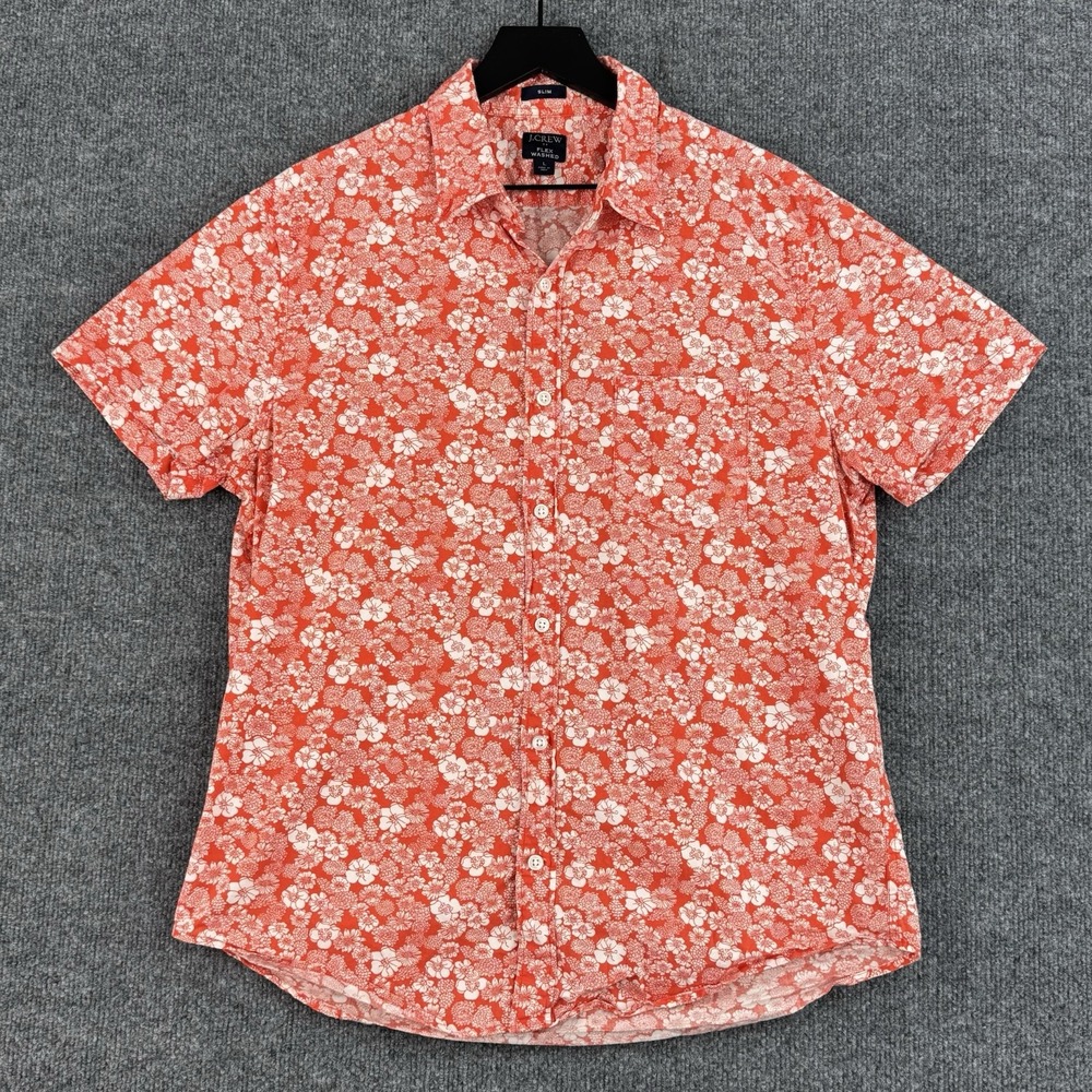 J Crew Button Up Shirt Mens L Orange Hawaiian Flex Washed Short Vacation Sleeve